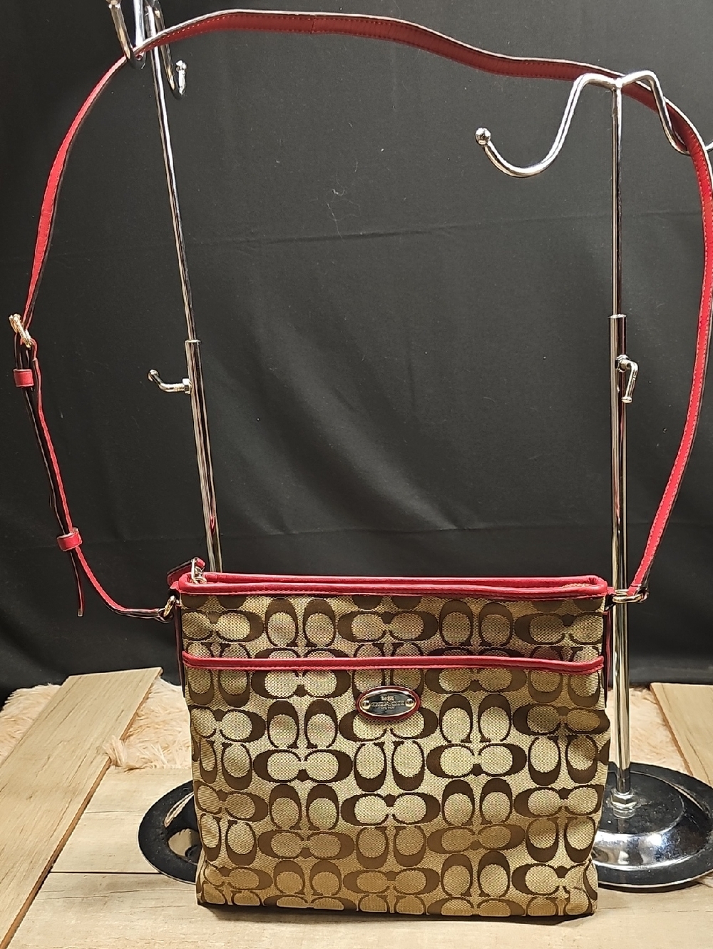 Coach Brown Signature Crossbody with Red Trim